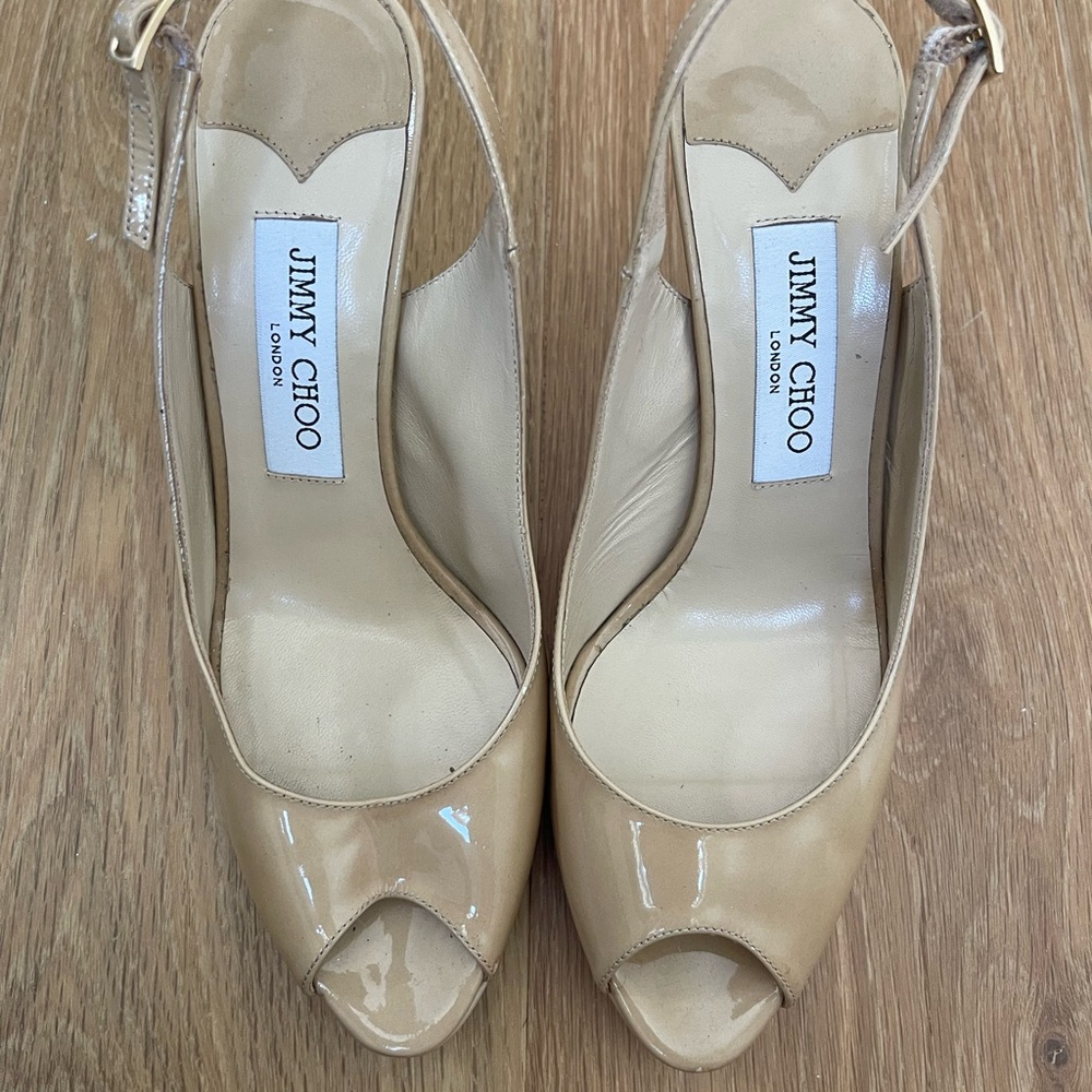 Jimmy Choo Nude Patent Peep Toe Heels